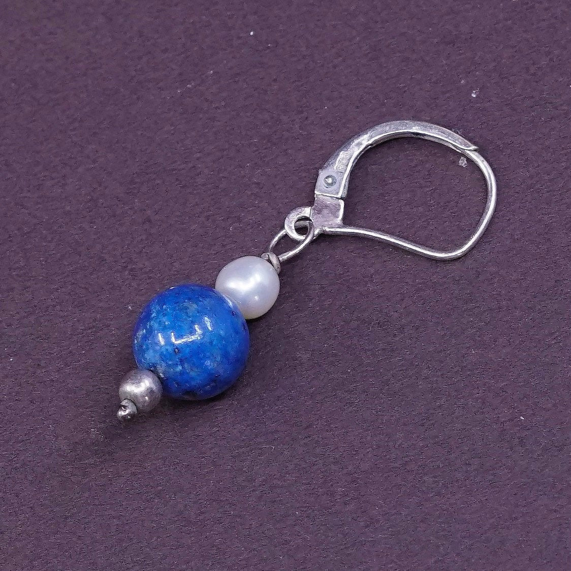 VTG Sterling silver handmade earrings, 925 w/ Sodalite and pearl beads dangle