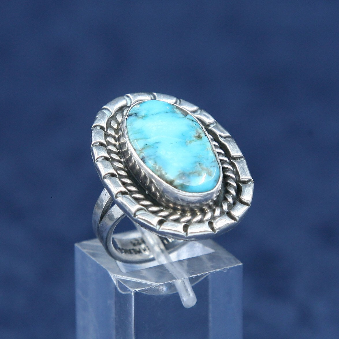 sz 6.25, vtg Sterling 925 silver ring w/ morenci turquoise, Native American