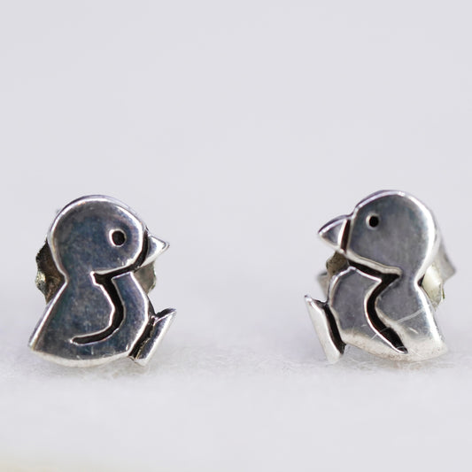 Vintage Sterling silver handmade earrings, 925 chick penguin bird studs