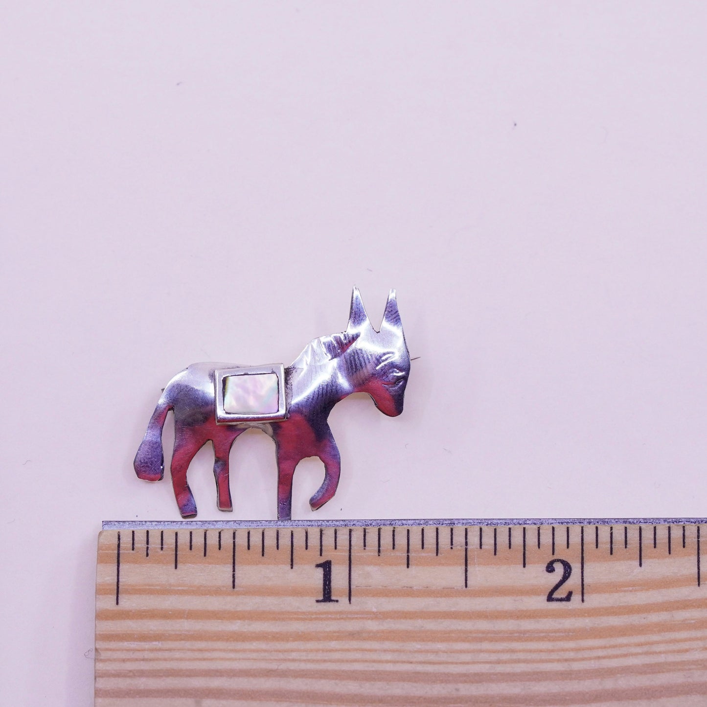 Antique Sterling silver handmade brooch, 925 donkey brooch with abalone