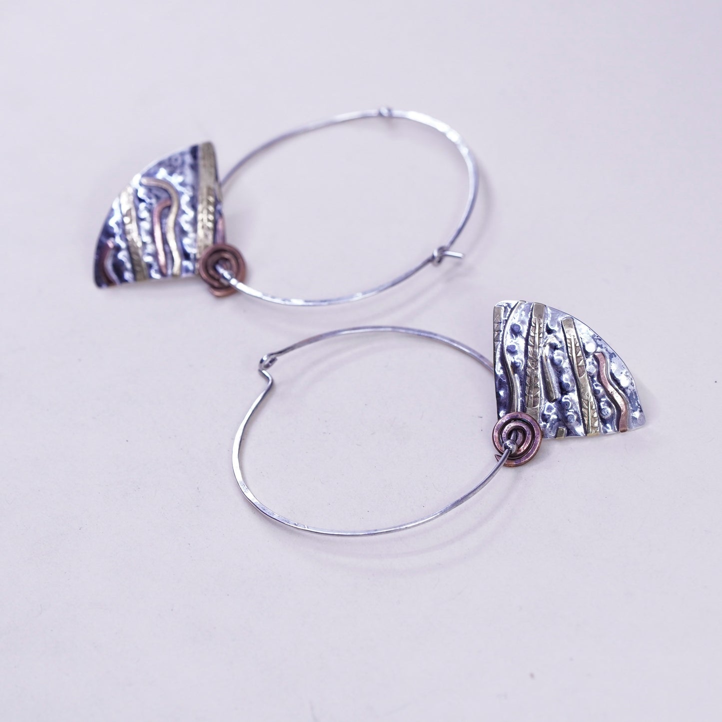 Two Tone Roggio sterling silver handmade hoops earrings, 925 disc brass copper