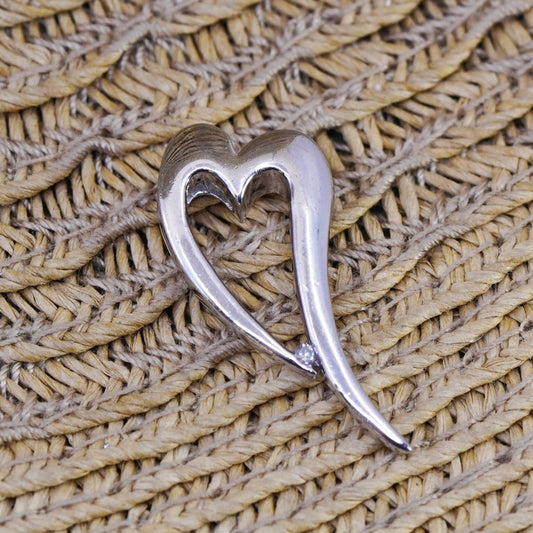 Vintage sterling silver pendant, fine 925 heart with genuine diamond details