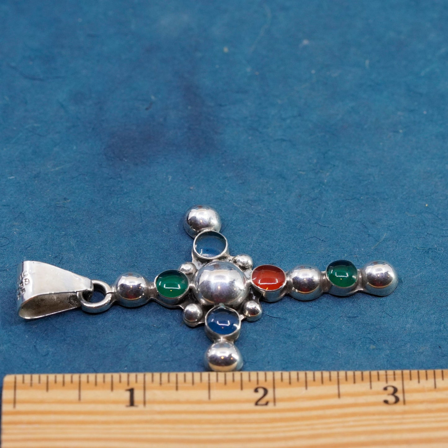 Vintage Sterling silver handmade pendant, 925 beads cross with ruby emerald