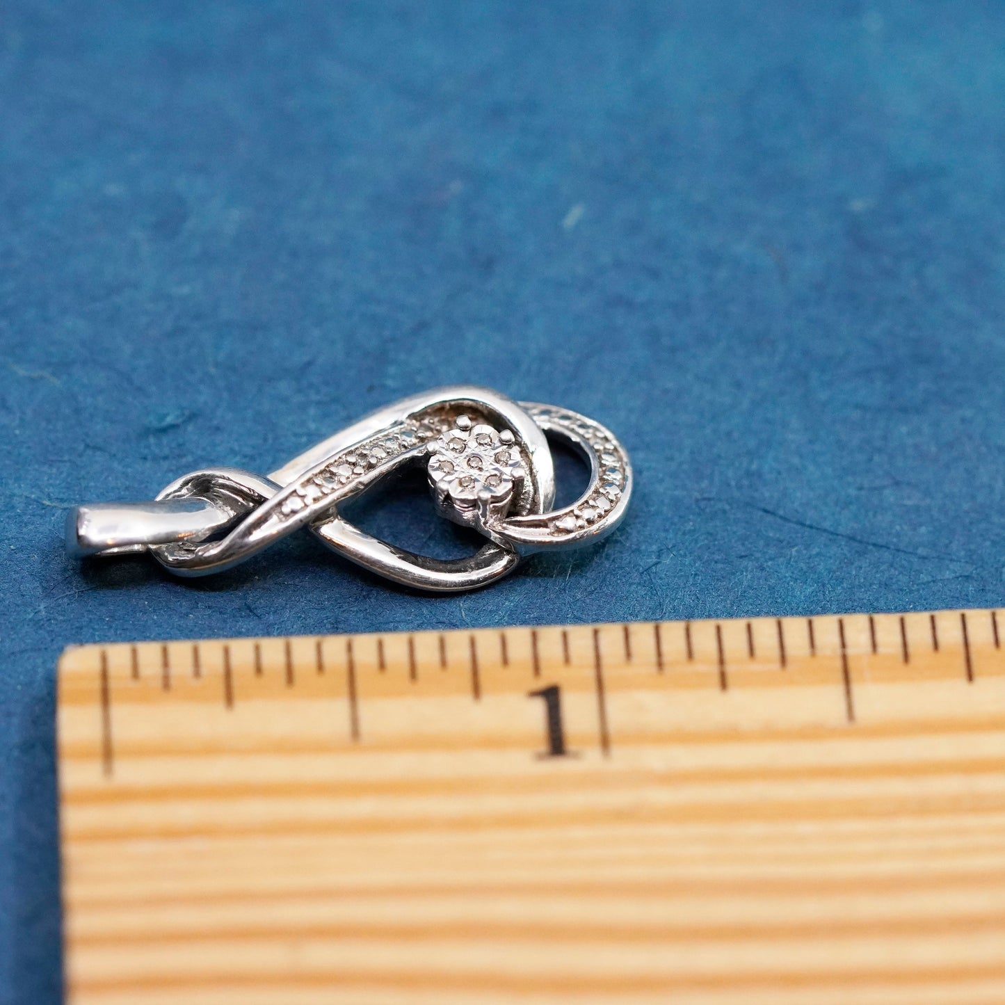 Vintage Sterling silver pendant, entwined 925 teardrop with genuine diamonds