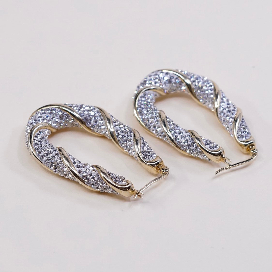 1.75" Vintage gold sterling silver earrings, 925 hoops, huggie, w/ cluster cz