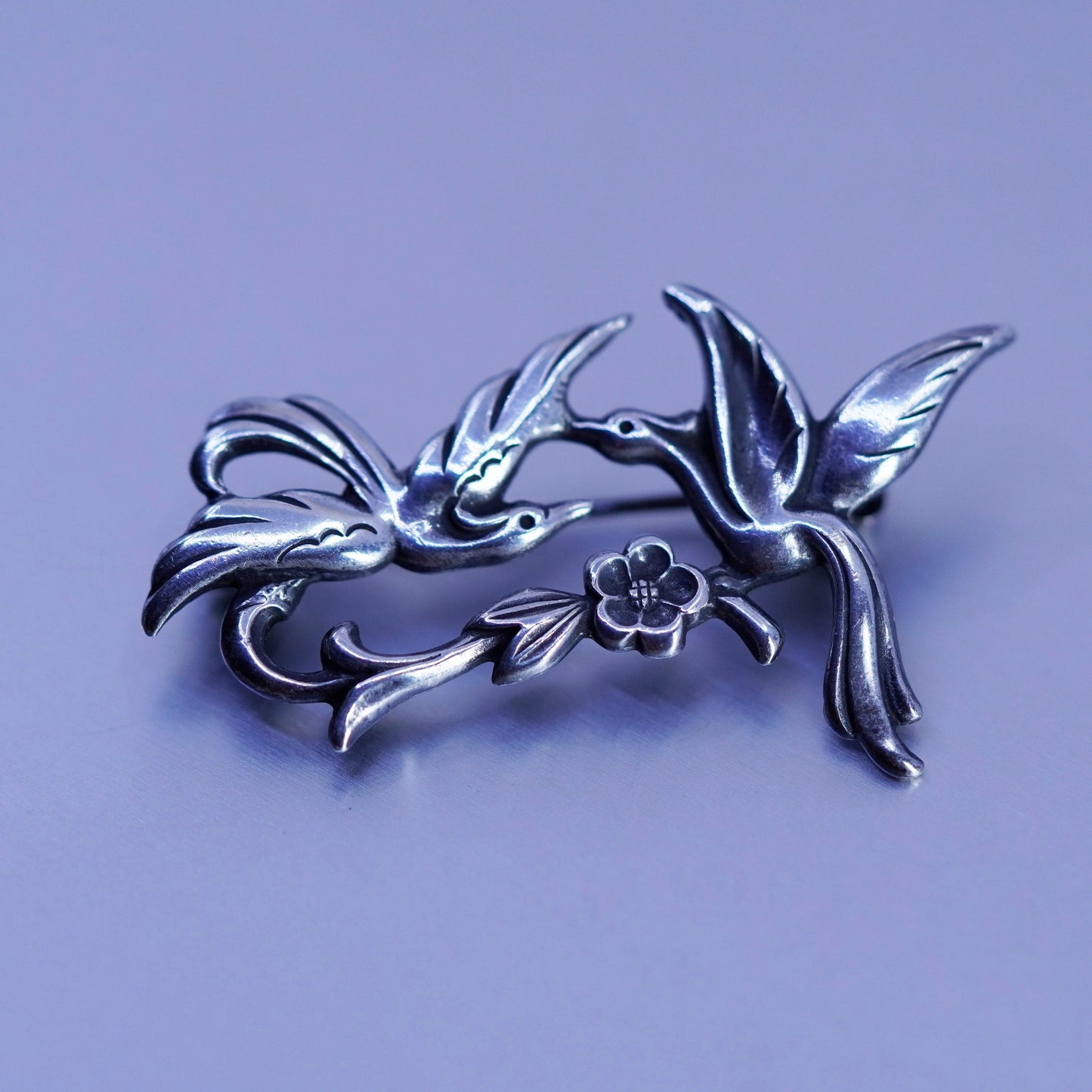 Vintage sterling silver handmade brooch, 925 lover birds pin