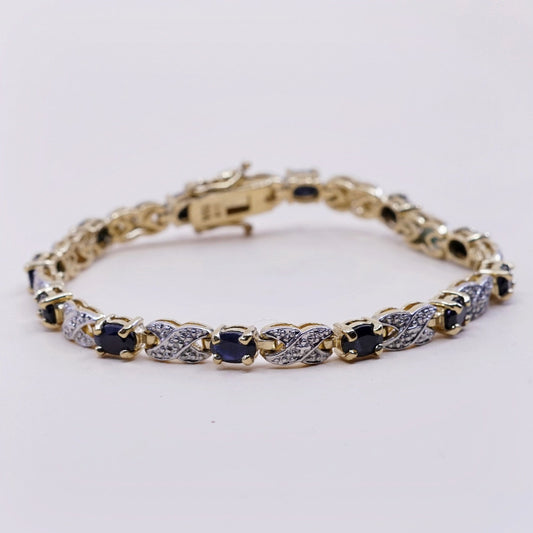 7”, Vermeil gold over sterling 925 silver tennis bracelet w/ sapphire N diamond