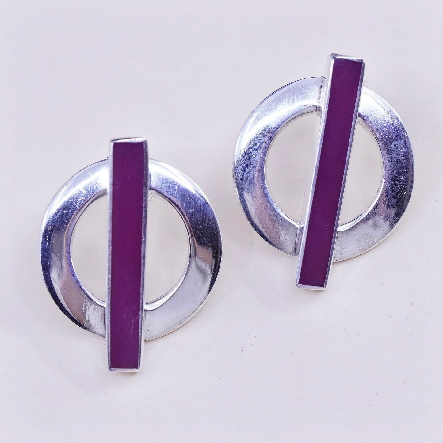 Vintage Sterling 925 silver handmade earrings circle studs with purple agate