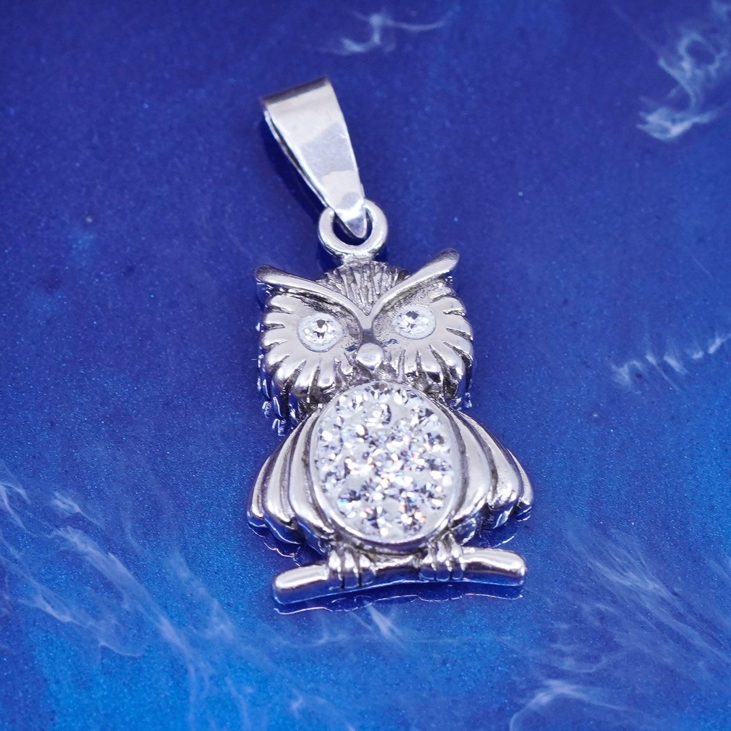 Vintage Sterling silver Handmade pendant, 925 owl charm with cz