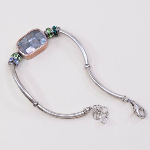 7+1”, Sterling Silver Bar Link Handmade bracelet W/ Brass Mop Charm, Stamped 925