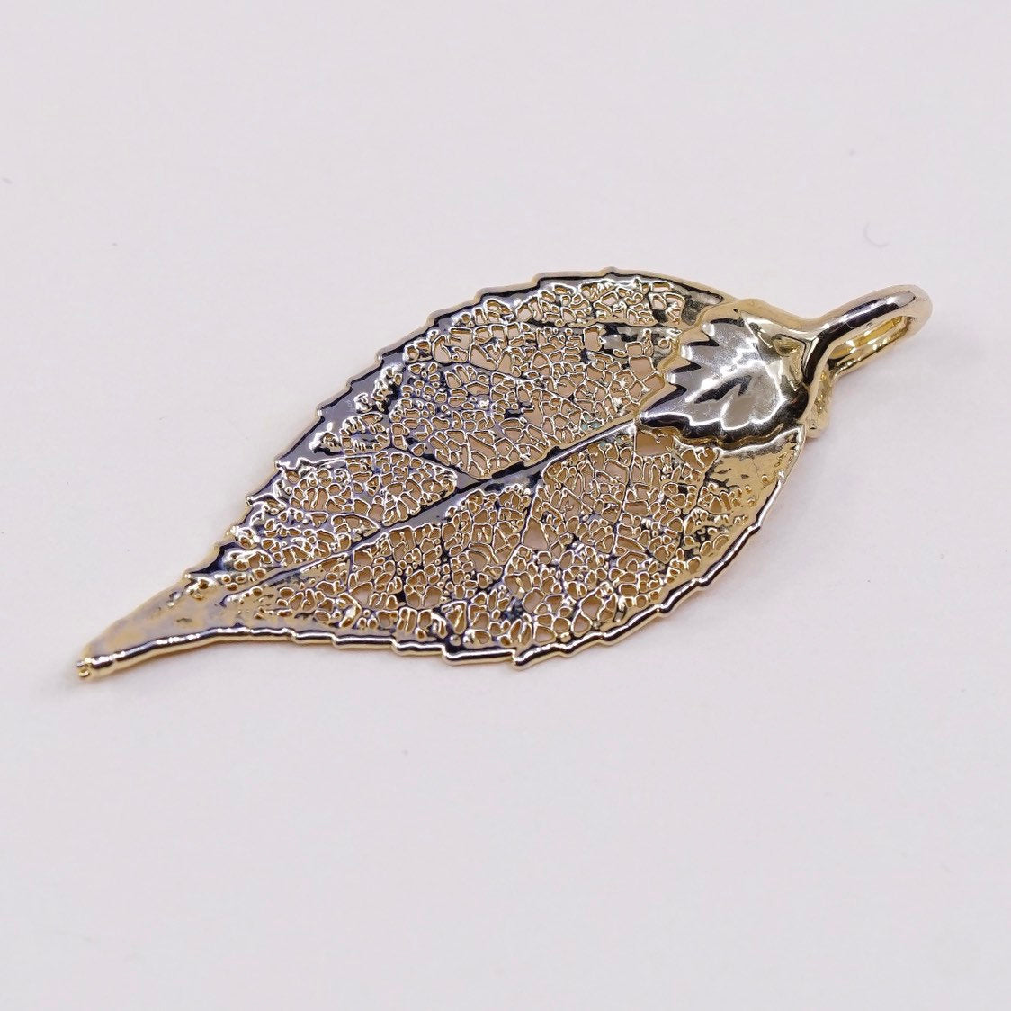 VTG Vermeil gold over Sterling silver pendant, 925 silver Filigree leaf