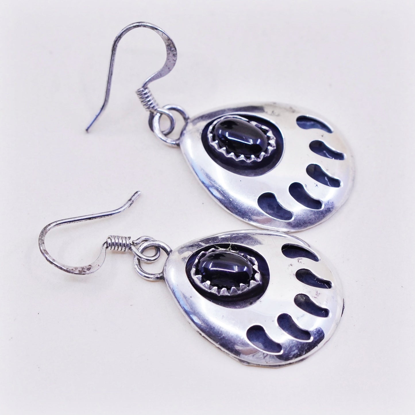 Native American Sterling silver earrings, teardrop 925 bear paw w/ obsidian