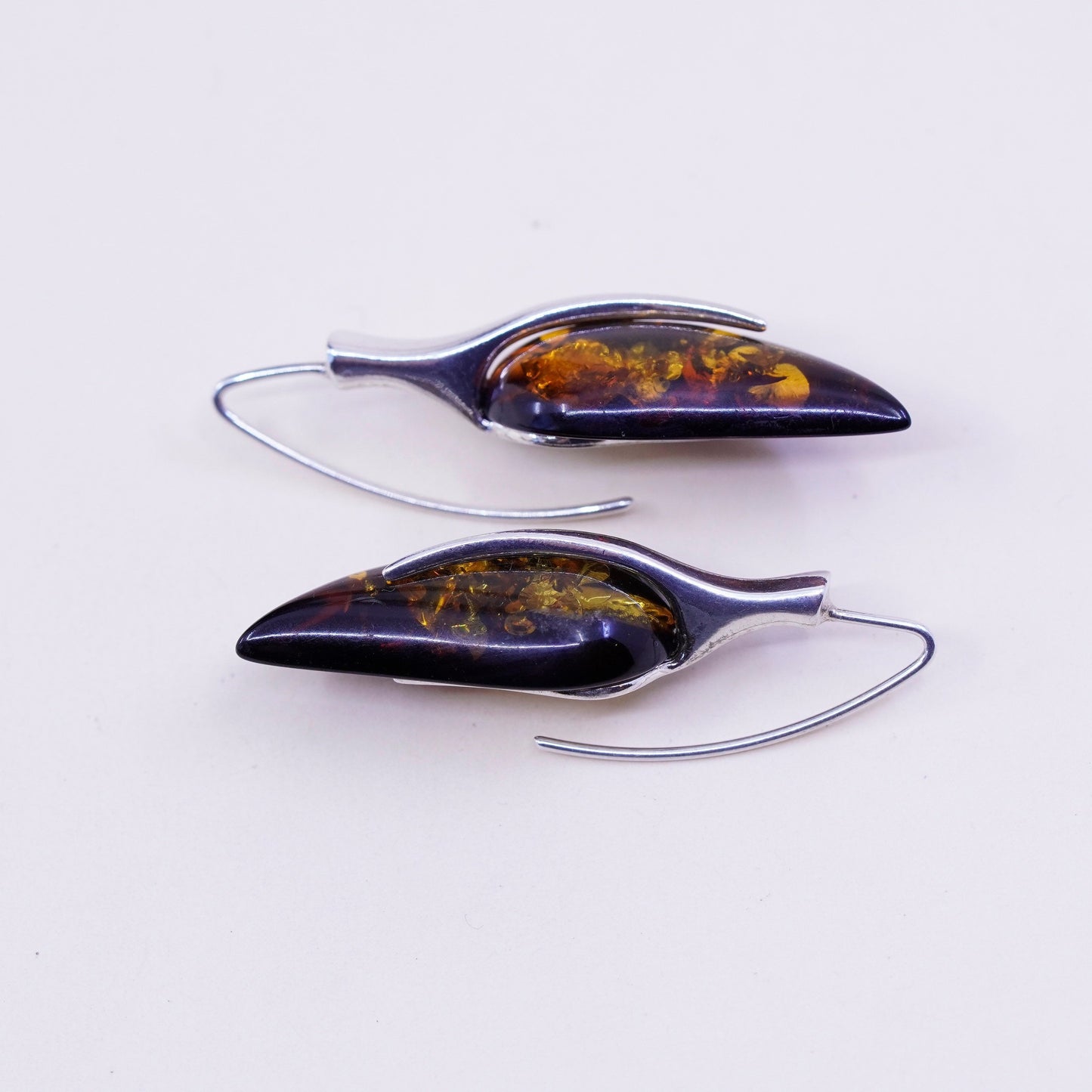 Vintage sterling 925 silver handmade Amber earrings, leaf with honey Amber