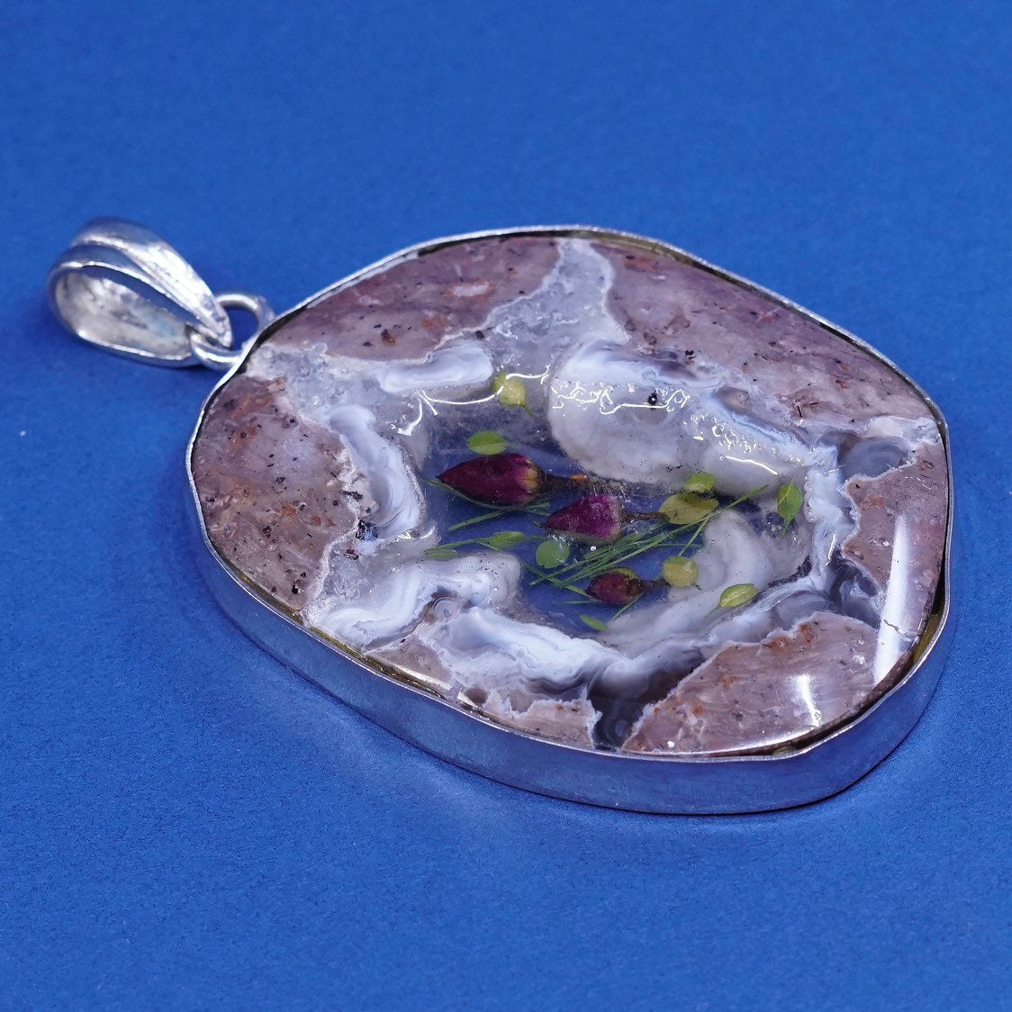 vtg Sterling silver handmade pendant, 925 pendant w/ agate N resin flower