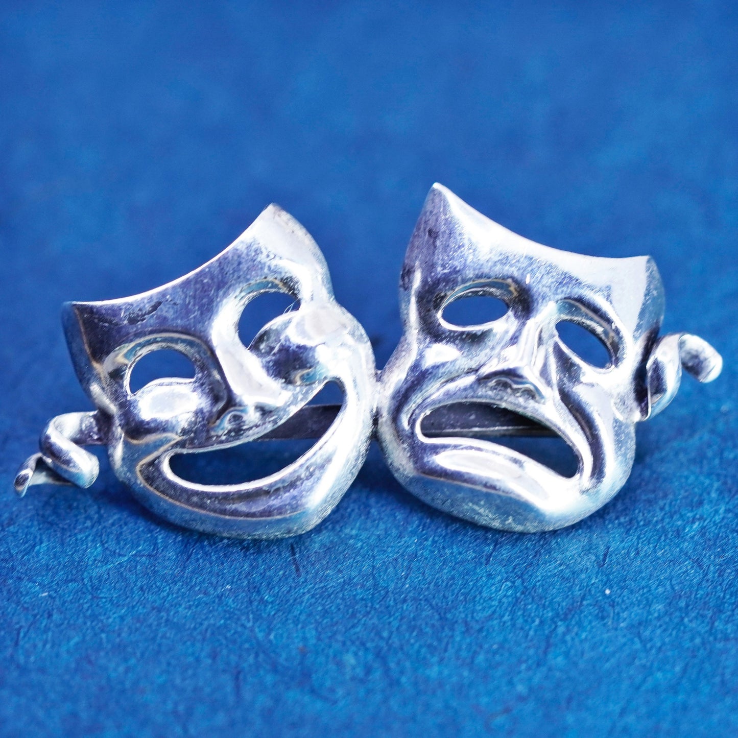 Vintage Sterling silver handmade brooch, 925 comedy happy sad face mask pin