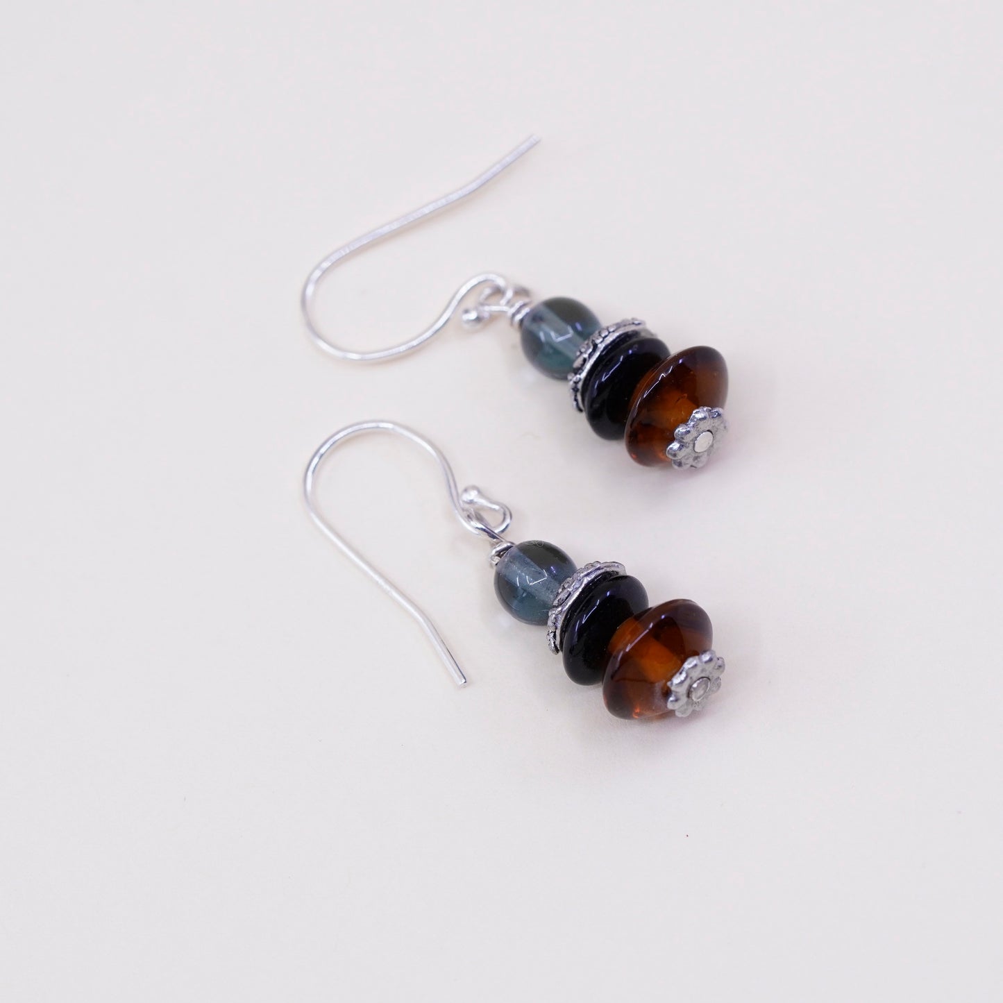 Vintage Sterling silver handmade earrings, 925 hook with amber obsidian beads