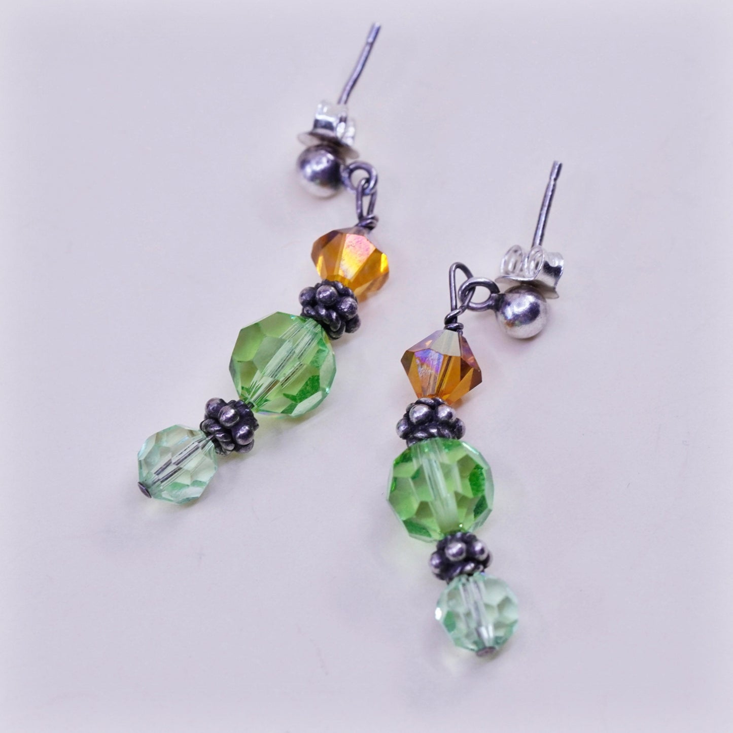 Vintage Sterling silver handmade earrings, 925 posts with green crystal