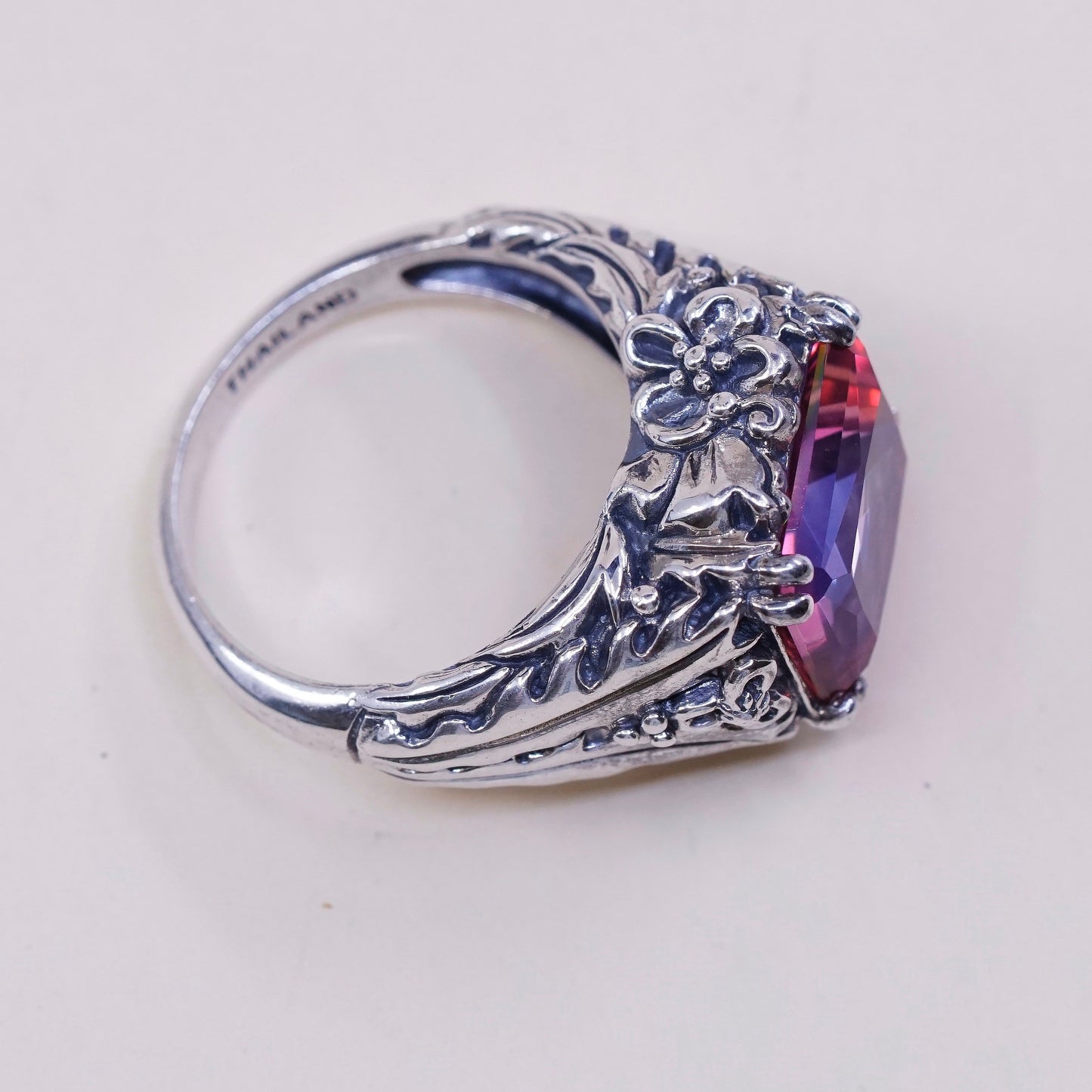 sz 7.25, VTG cocktail Sterling silver handmade ring, 925 crown w/ pink crystal