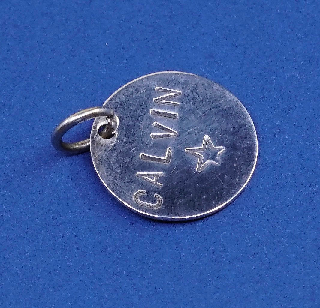 vtg sterling silver handmade pendant, 925 name charm embossed “Calvin”