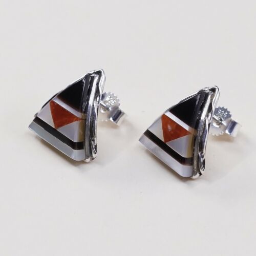 Vtg Zuni Sterling Silver Handmade Earrings, 925 Silver W/ Coral Obsidian N Mop