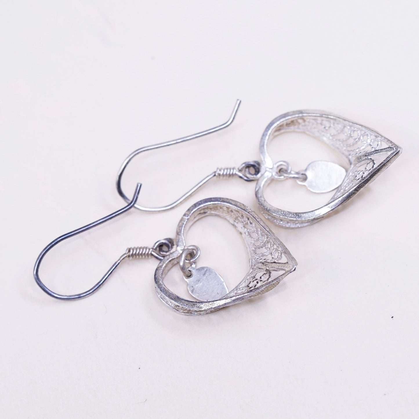 Vintage sterling silver handmade earrings 925 filigree heart