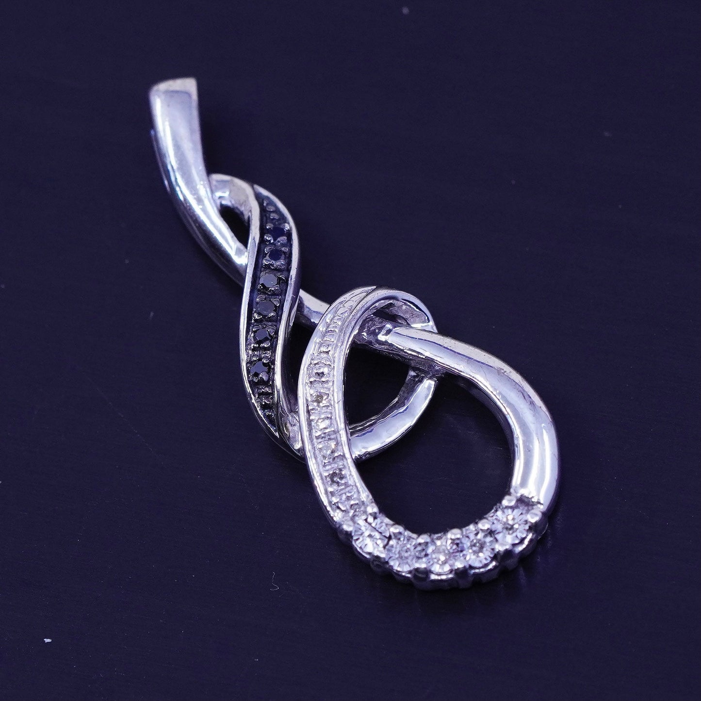 Vintage two tone sterling 925 silver pendant, entwined teardrop with diamond