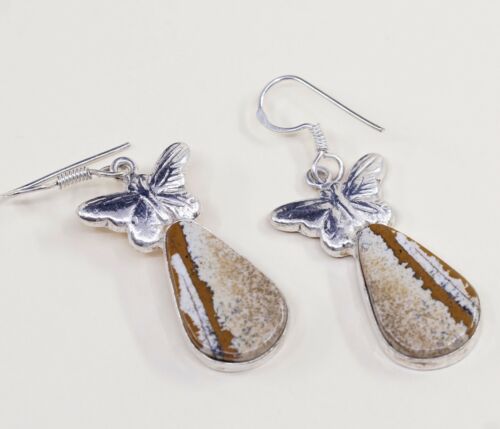 Vtg Sterling Silver Handmade Earrings, 925 Silver Butterfly W/ Teardrop Jasper