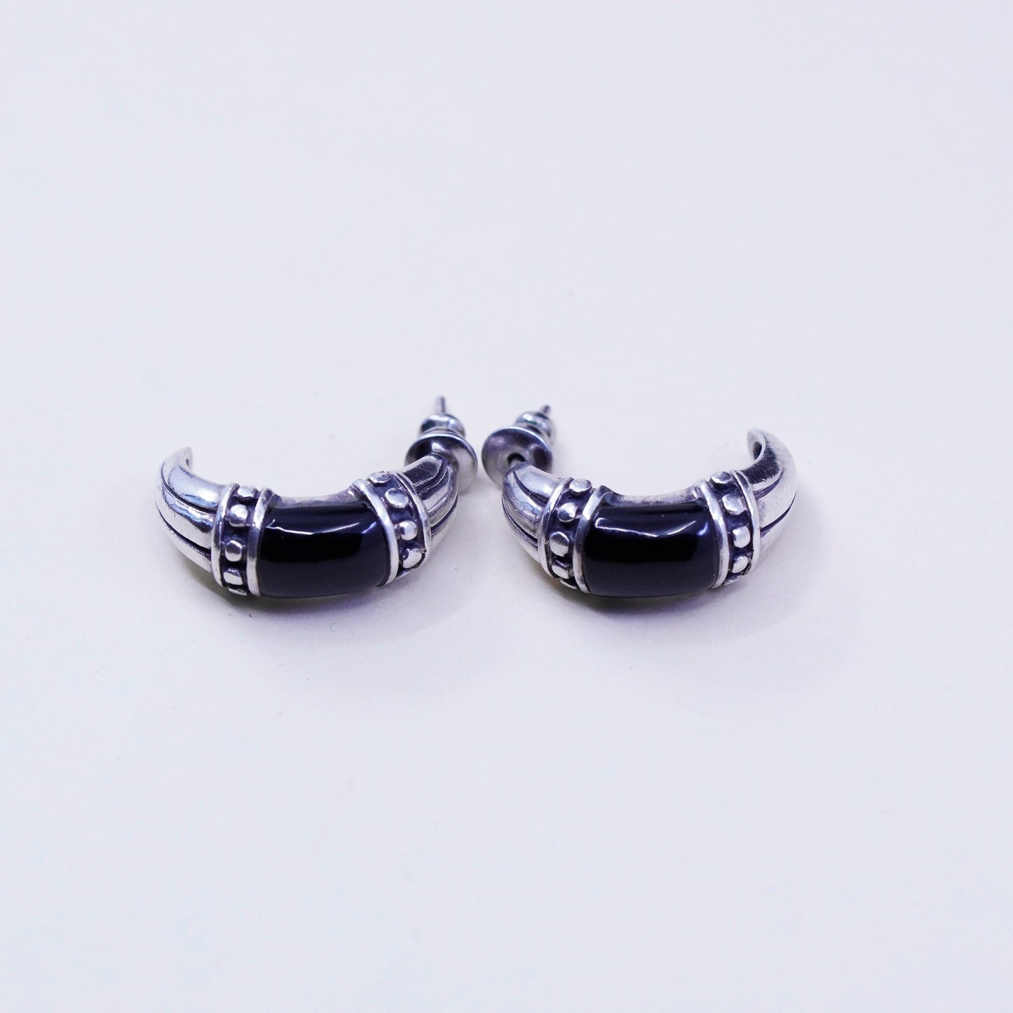 0.75”, Sterling silver handmade earrings, 925 Huggie studs with onyx and beads