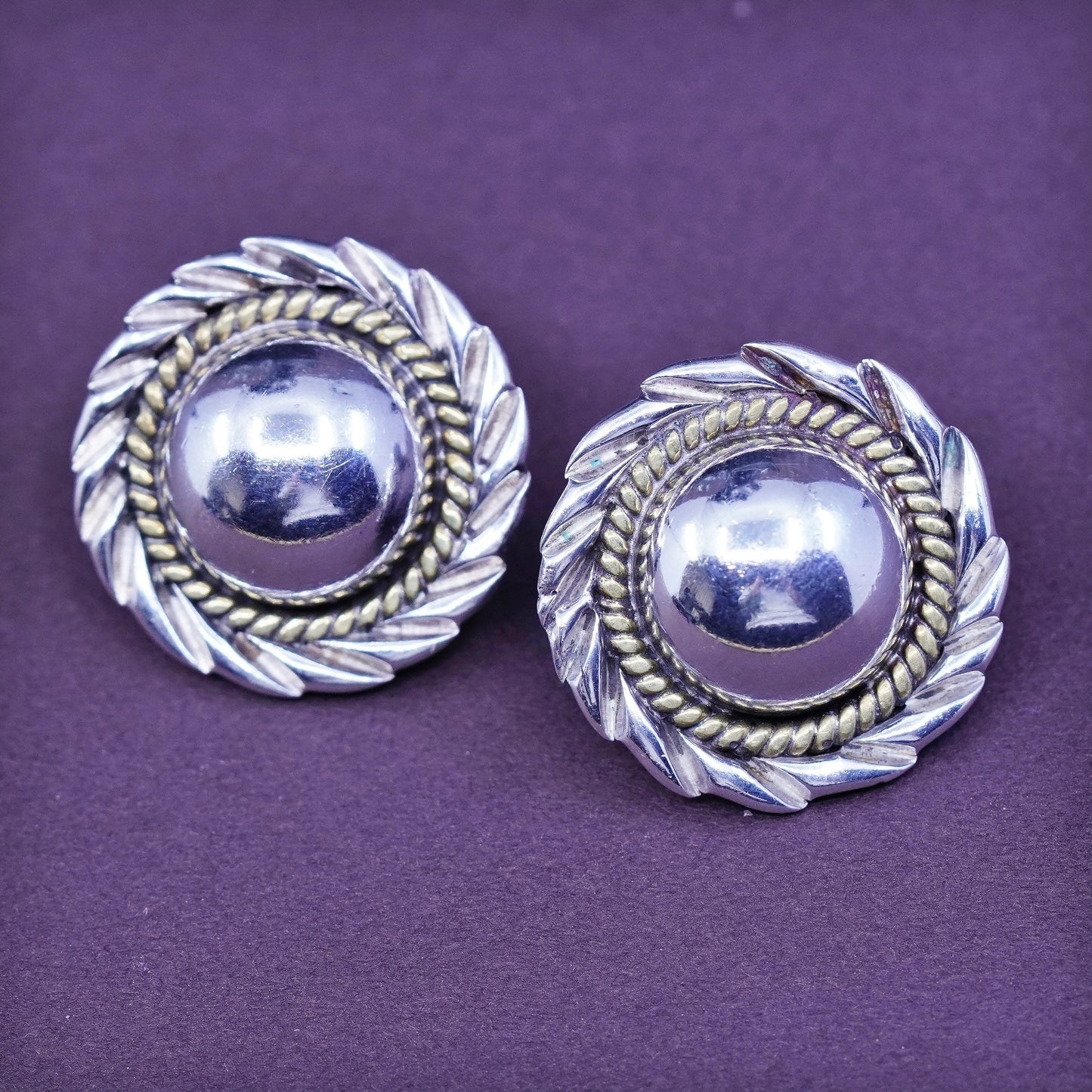 two tone Mexico Sterling silver handmade earrings, 925 studs with brass cable