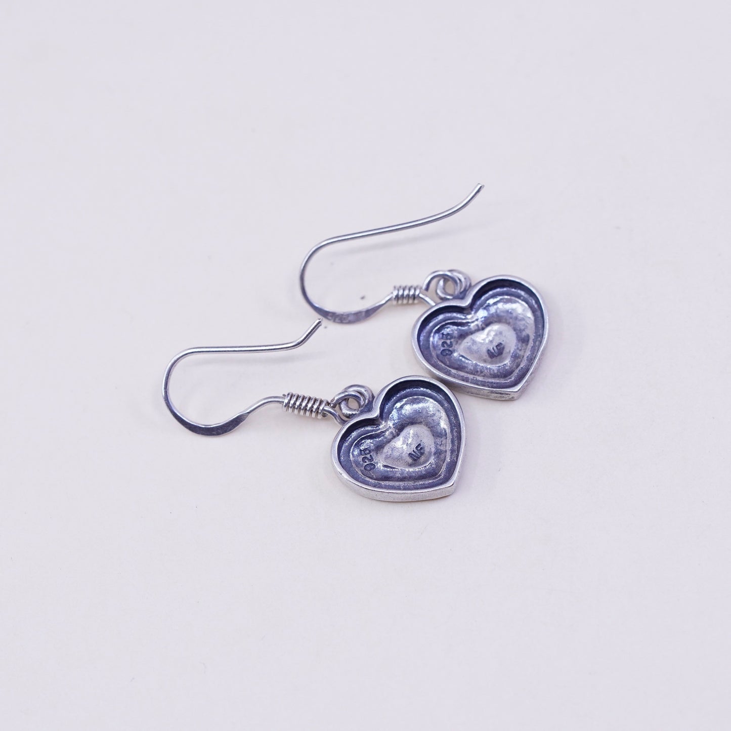 Vintage sterling silver handmade earrings, 925 heart dangles, stamped 925 NF