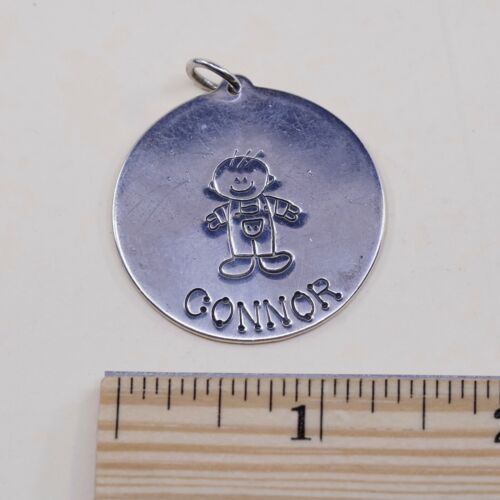 Vtg Lucy Ann Sterling Silver Pendant, Round Tag Charm Embossed A Boy Connor