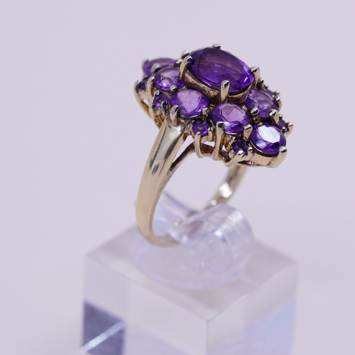 Size 7.25, vtg vermeil gold filled Sterling 925 silver cocktail ring amethyst