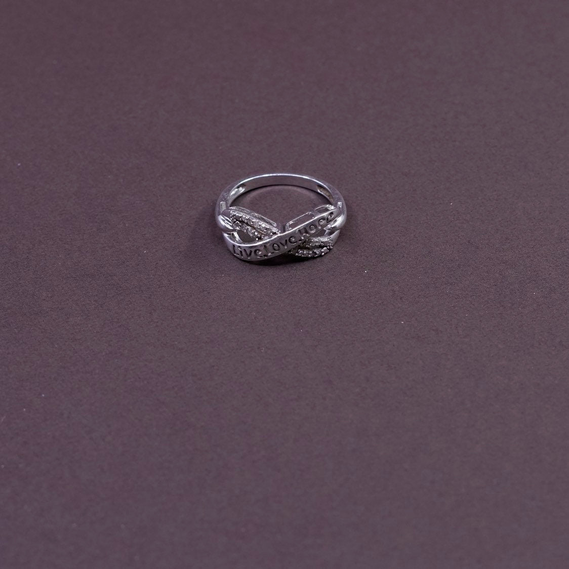 sz 7.5, vtg sterling silver handmade ring, 925 w/ diamond and “live love hope”