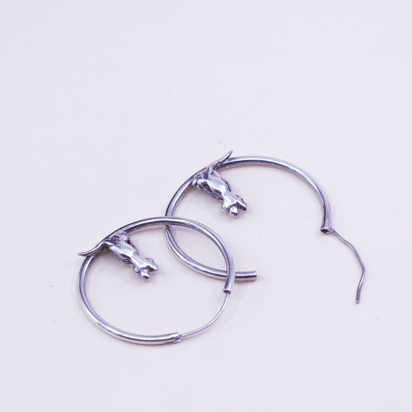 Vintage Sterling silver handmade earrings, 925 hoops with kitty cat