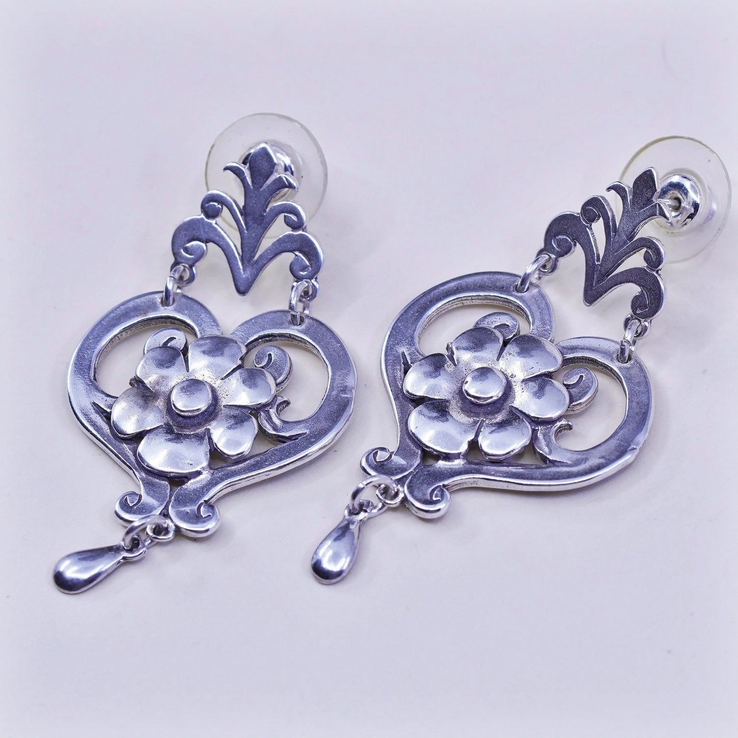 Vintage Grenia Sterling 925 silver handmade earrings with heart flower drops