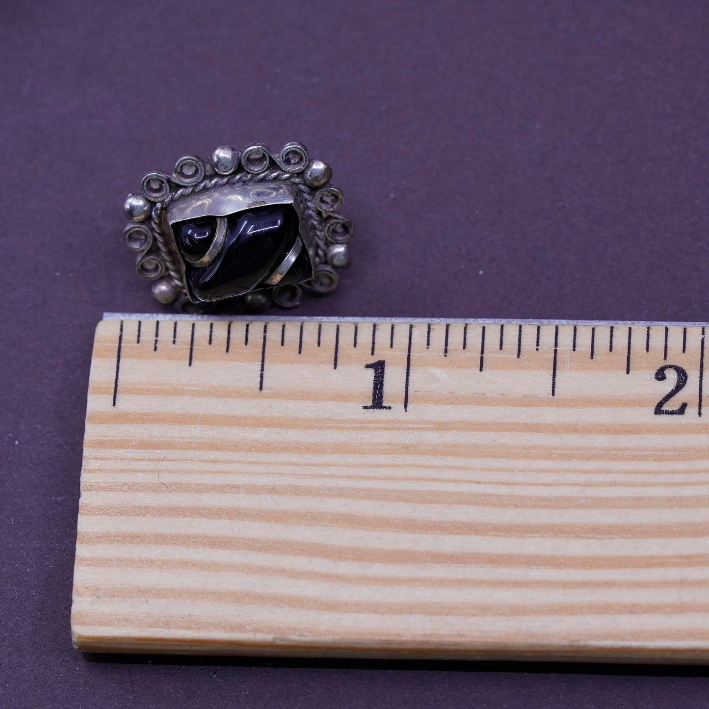 Vintage Sterling silver handmade screw back earrings, 925 beads with black onyx