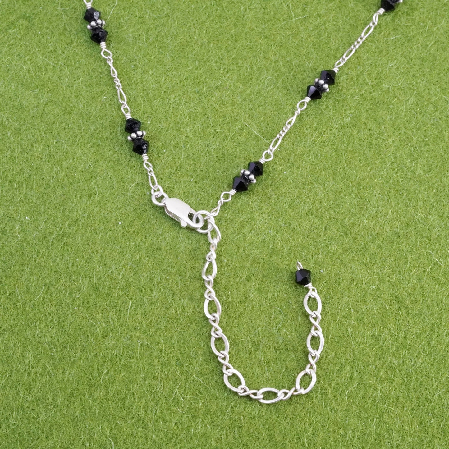 16+3”, sweater Sterling silver necklace, 925 figaro chain with obsidian beads