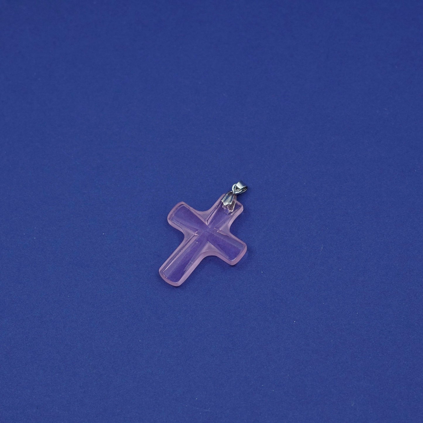 Vintage silver tone handmade pendant with pink resin cross