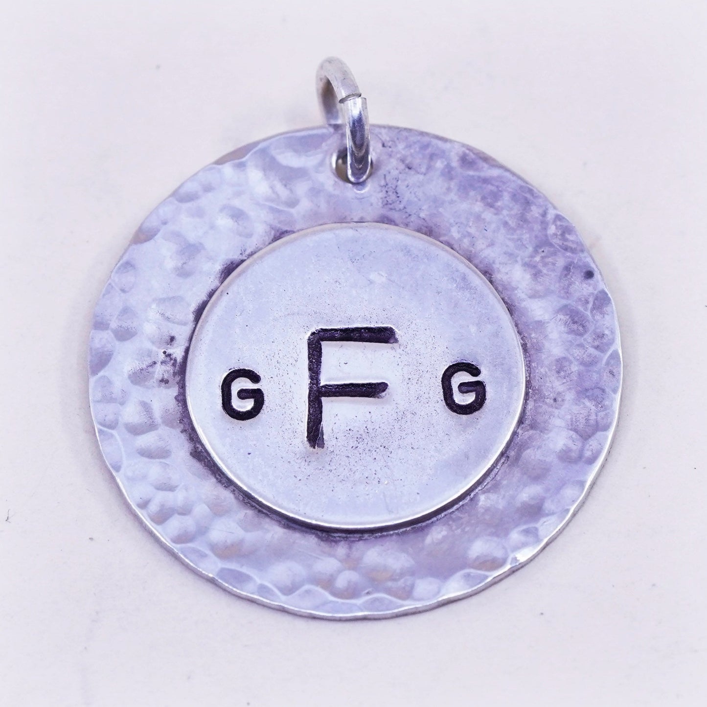 sterling silver handmade pendant, huge 925 hammered circle monogram “GFG”