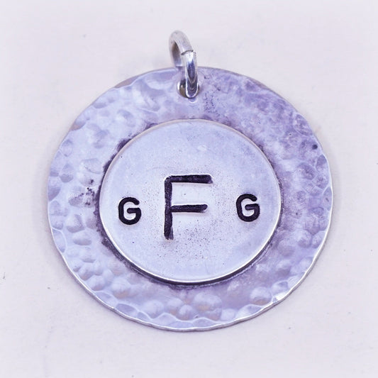 sterling silver handmade pendant, huge 925 hammered circle monogram “GFG”