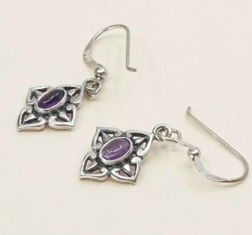 Vtg Sterling Silver Handmade Earrings, 925 Dangles W/ Amethyst N Filigree Detail