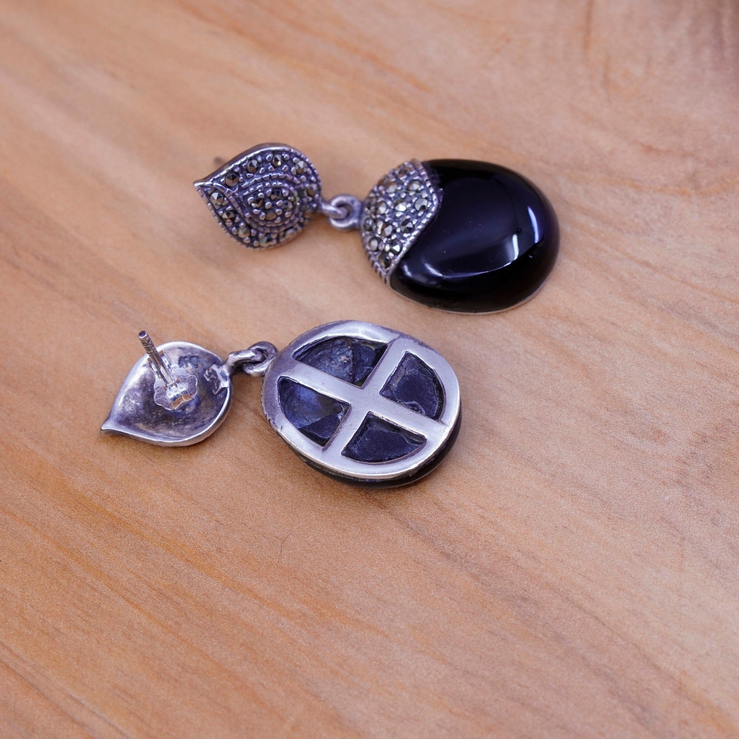 mexico Sterling 925 silver clip on earrings, obsidian dangles w/ Marcasite