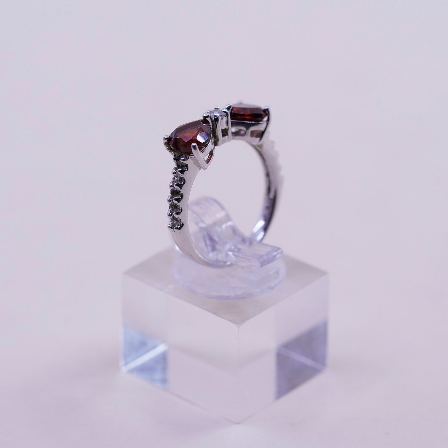 Size 6, Vintage sterling silver handmade engagement ring, heart ruby and cz