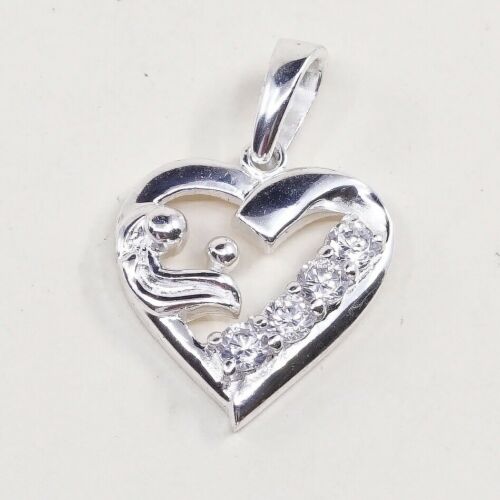 Vintage Sterling Silver Heart Pendant W/ Cz Details, Solid 925 Silver Charm