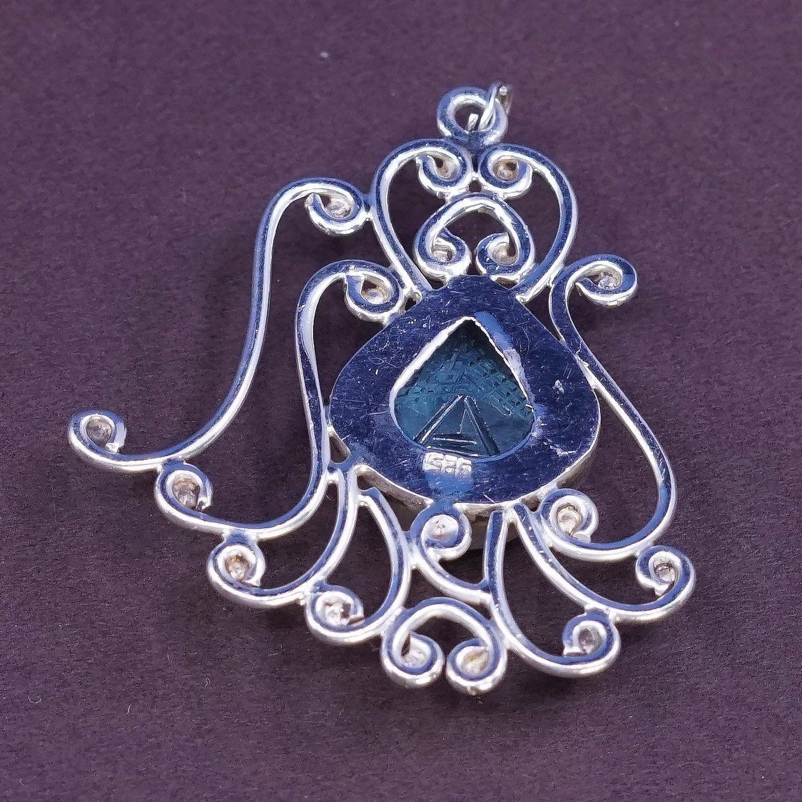 VTG Sterling silver handmade pendant, 925 swirl filigree w/ cushion blue topaz