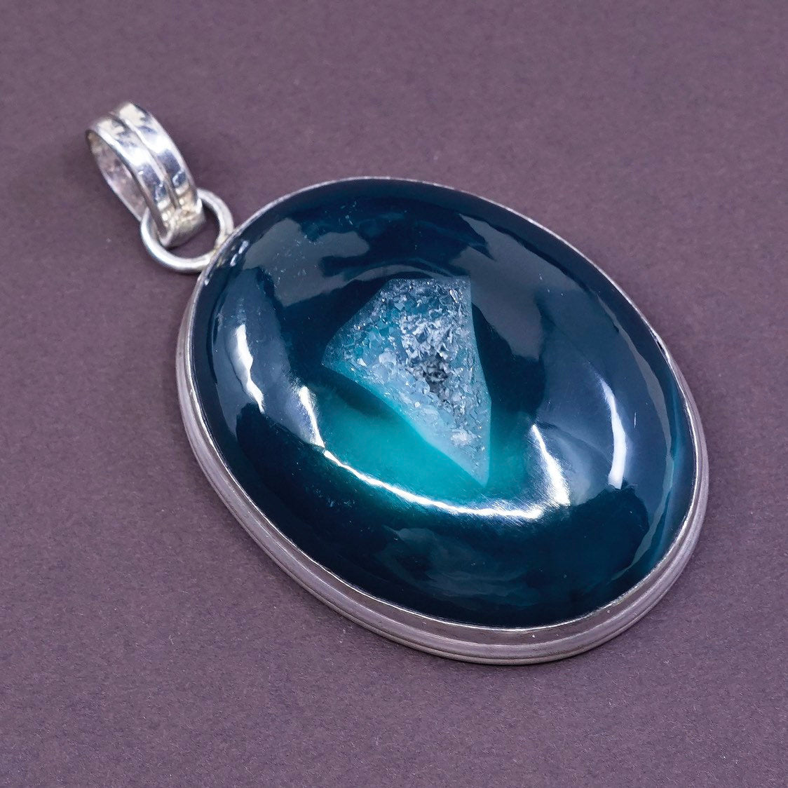 VTG Sterling silver handmade pendant, Mexico 925 w/ green jade druzy pendant