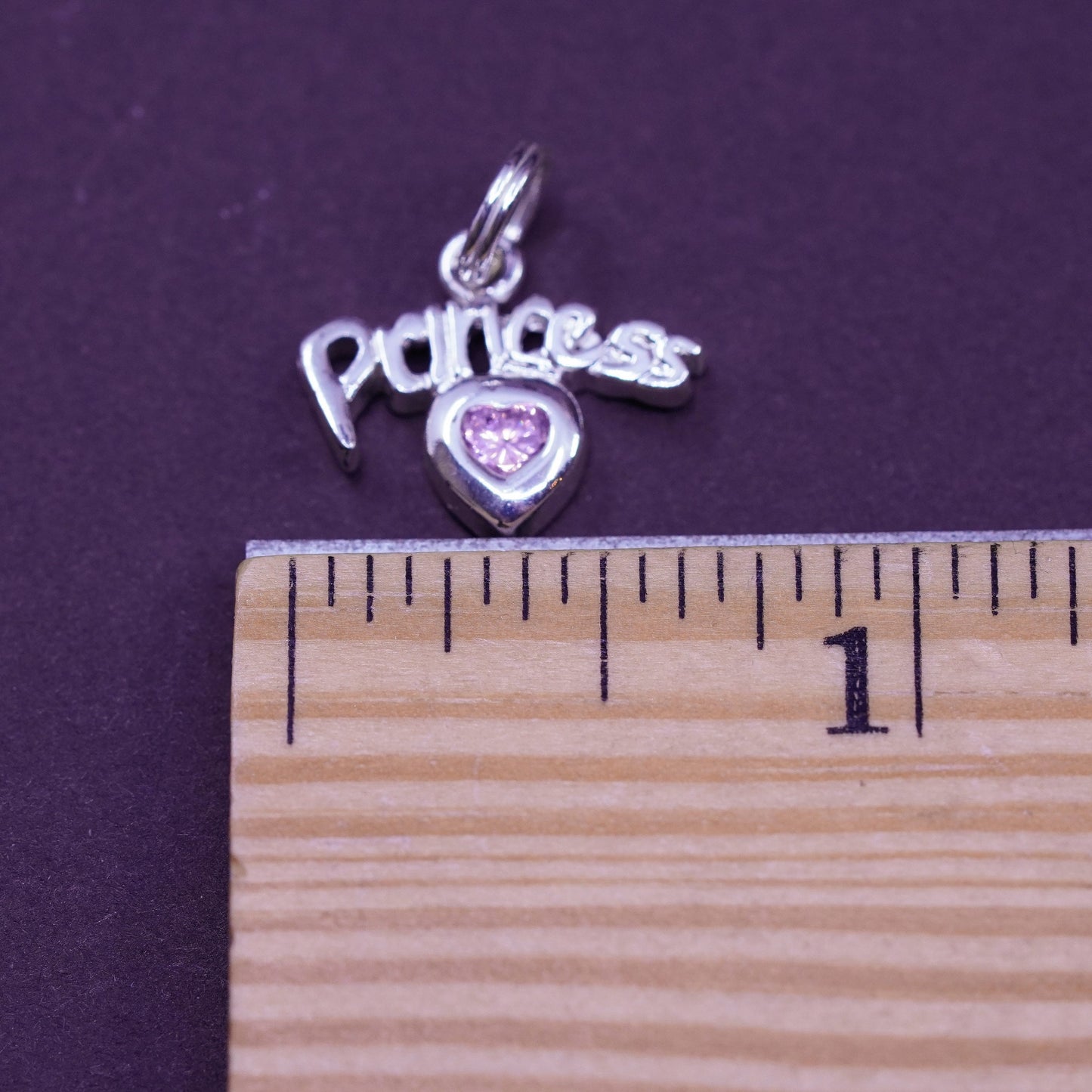 Vintage sterling silver handmade pendant, 925 princess charm heart pink crystal
