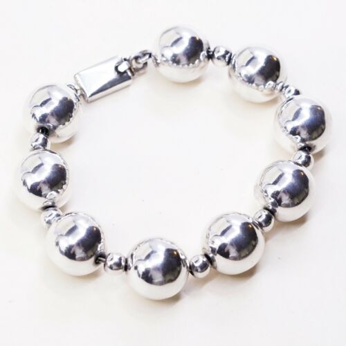 7”, Vtg Mexico Sterling Silver Huge Ball Bead Bracelet Box Clasp Safety Chain