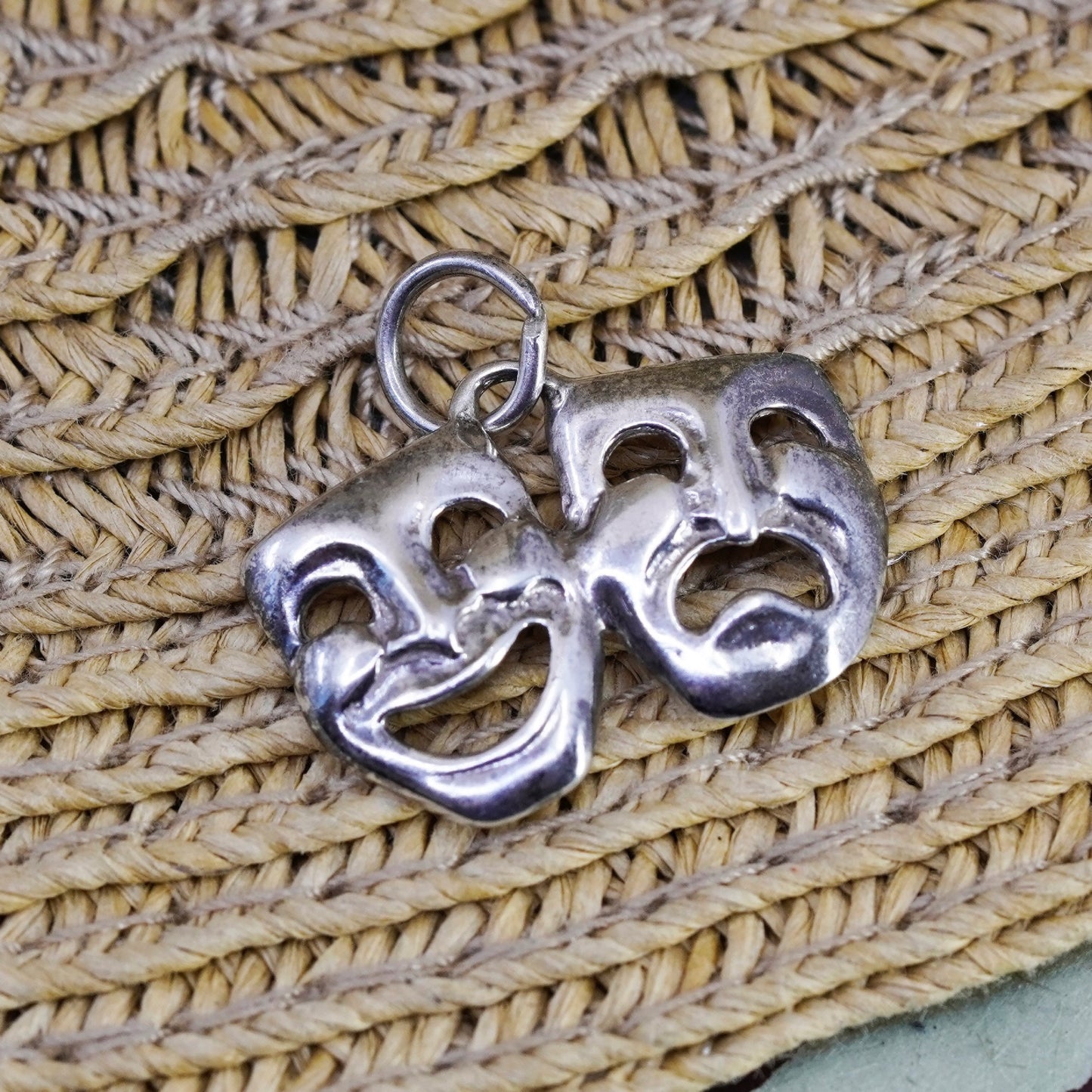 vtg Sterling silver handmade happy sad face pendant, Drama Mask Theatre Pendant