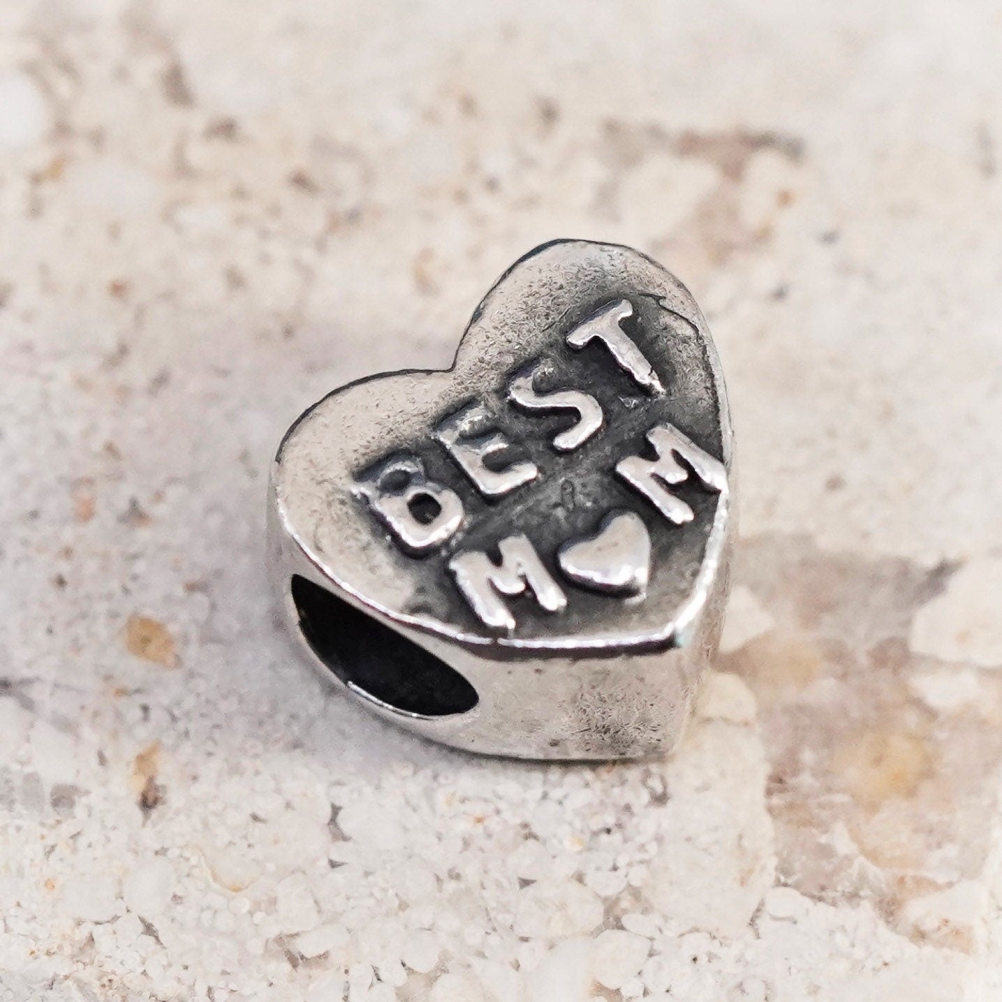 sterling silver handmade charm pendant, 925 heart bead embossed “best mom”